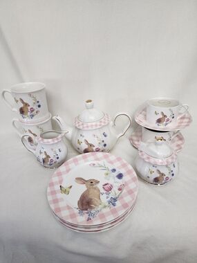 Pink Gingham Bunny Porcelain Tea Set - Home Dining